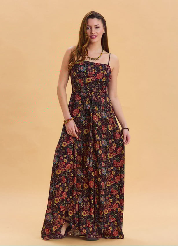 Thin Strap Waist Tie Black Floral Dress 4549